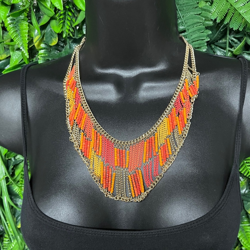 Statement Necklace Gold Tone Multi Color Seed Bead Orange Red‎ Yellow Boho 3817